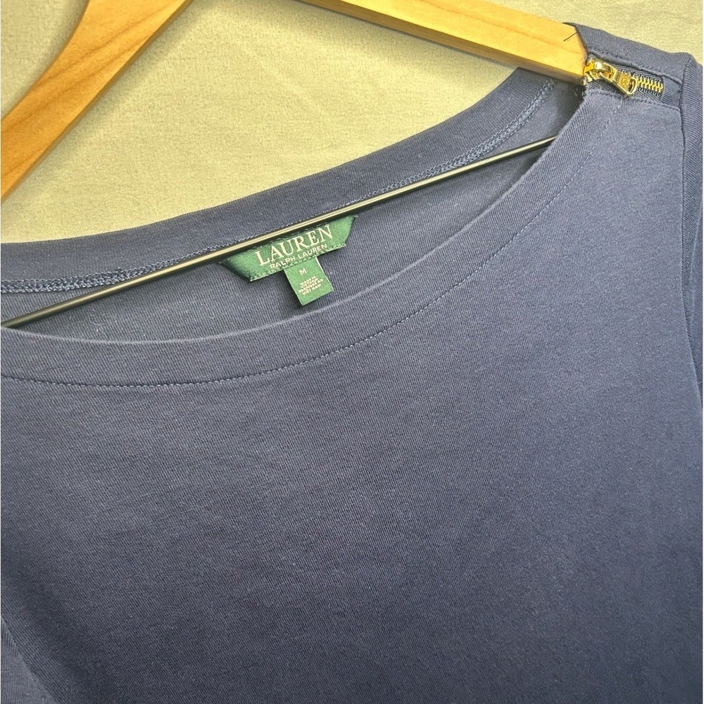 Lauren Ralph Lauren T-Shirt Women M Navy Blue Boat Neck Gold Shoulder Zip Cotton